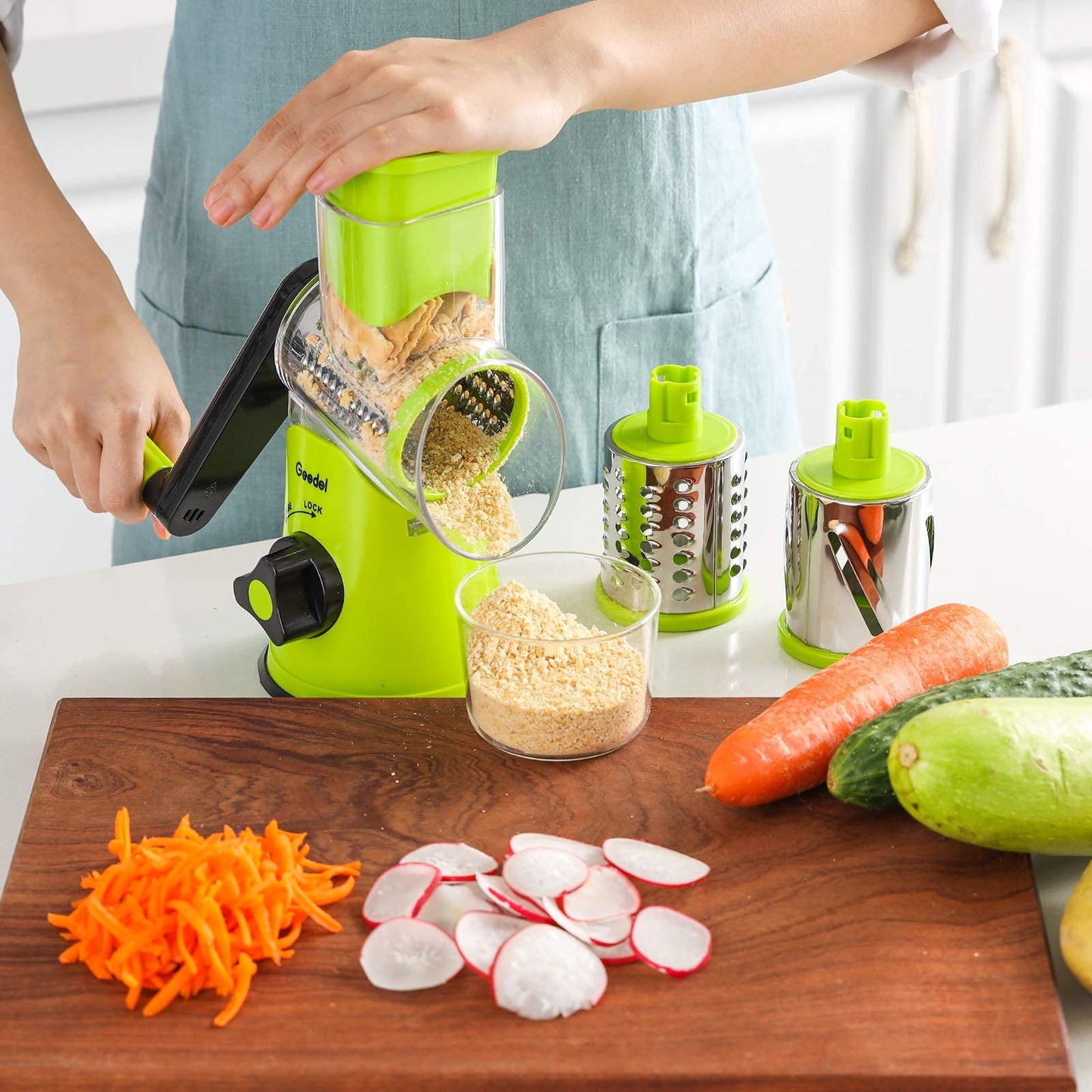 Geedel Rotary Cheese Grater, Kitchen Mandoline Vegetable Slicer with 3 Interchangeable Blades, Easy to Clean Grater for Fruit, Vegetables, Nuts