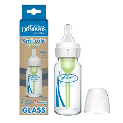 Dr. Brown's Natural Flow Anti-Colic Options+ Narrow Glass Baby Bottle 8 oz/250 mL, with Level 1 Slow Flow Nipple, 2 Pack, 0m+