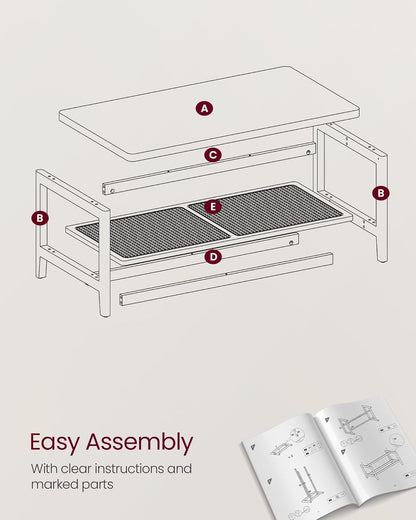 VASAGLE 2-Tier Coffee Table for Living Room, Living Room Table Rectangular Center Table, with PVC Rattan Storage Shelf, Rounded Corners, Easy Assembly, Boho Style, Oatmeal Beige ULCT240K66