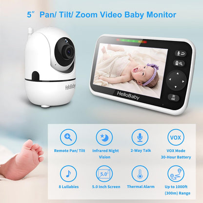 HelloBaby Upgrade Monitor, 5''Sreen with 30-Hour Battery, Pan-Tilt-Zoom Video Baby Monitor with Camera and Audio, Night Vision, VOX, 2-Way Talk, 8 Lullabies and 1000ft Range No WiFi