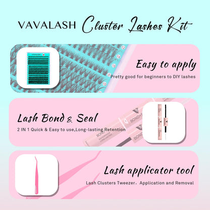 VAVALASH DIY Lash Extension Kit 280 Clusters Individual Lashes Kit 30D 40D 0.07D-10-16mm Lash Clusters, Lash Bond and Seal, Lash Tweezer for DIY Eyelash Extension at Home（Kit-30D+40D-0.07D-10-16MIX）