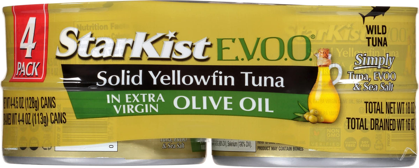 StarKist E.V.O.O. Solid Yellowfin Tuna in Extra Virgin Olive Oil, 4.5 oz (4 Pack) Canned Tuna Fish, Wild Caught, Gluten Free, Ready to Eat, Perfect for Salads, Keto Meals and Snacks