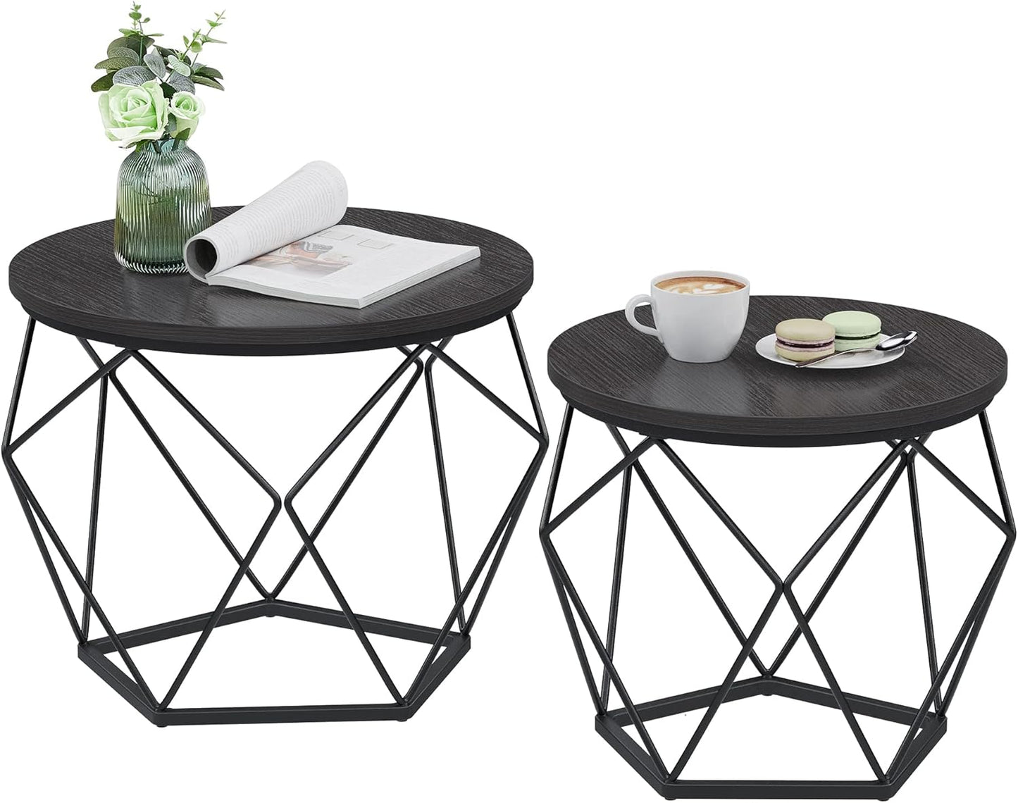 VASAGLE Small Coffee Table Set of 2, Round Coffee Table with Steel Frame, Side End Table for Living Room, Bedroom, Office, Charcoal Gray and Ink Black