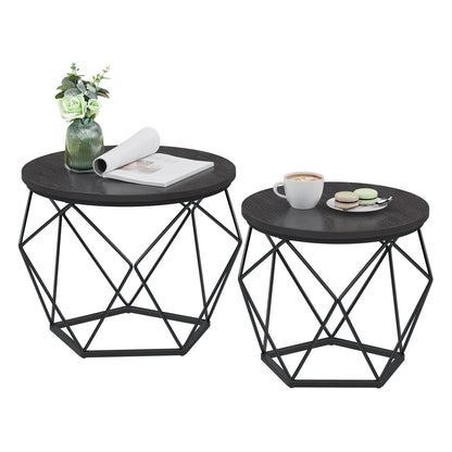 VASAGLE Small Coffee Table Set of 2, Round Coffee Table with Steel Frame, Side End Table for Living Room, Bedroom, Office, Charcoal Gray and Ink Black