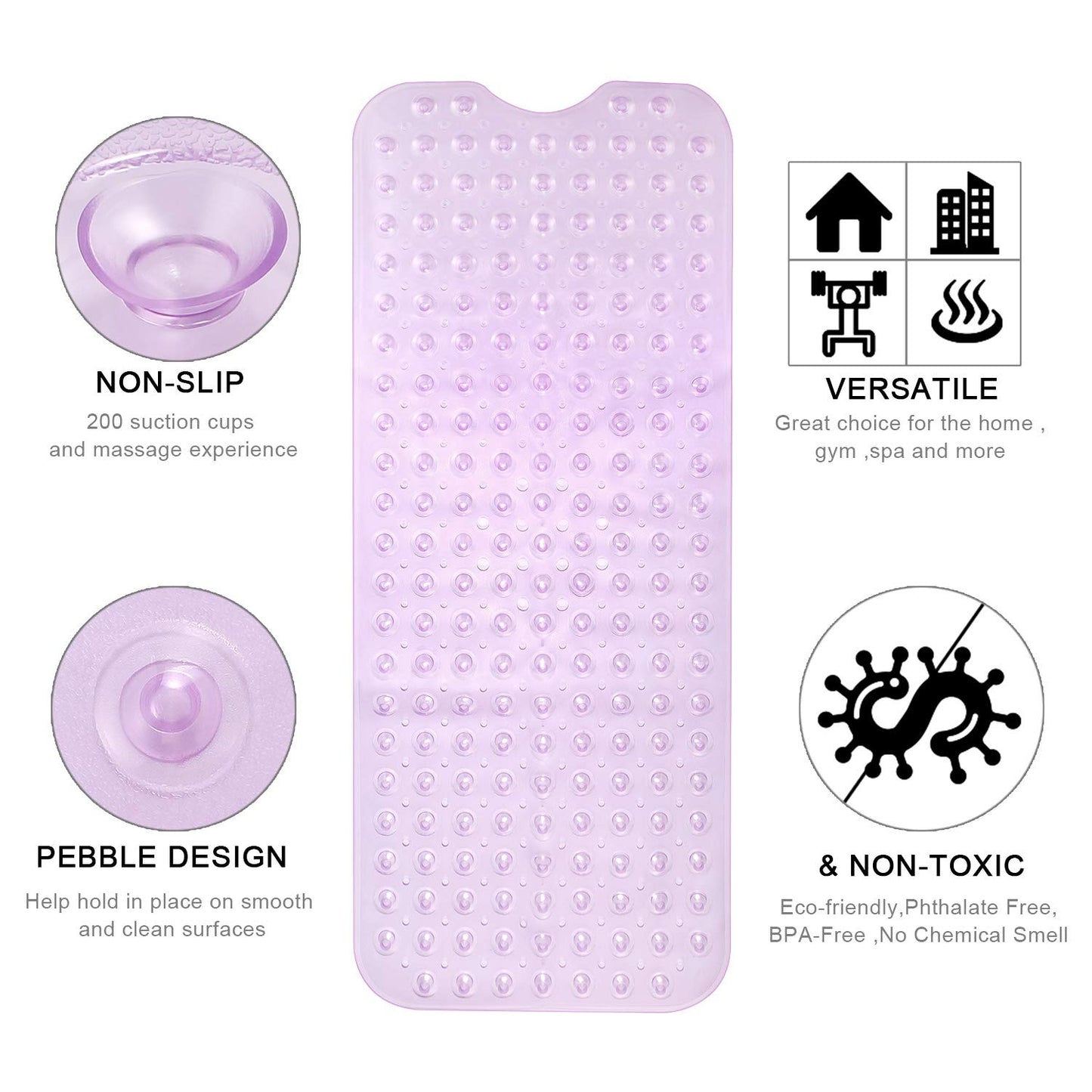 YINENN Bath Tub Shower Safety Mat 40 x 16 Inch Non-Slip and Extra Large, Bathtub Mat with Suction Cups, Machine Washable Bathroom Mats with Drain Holes, Clear