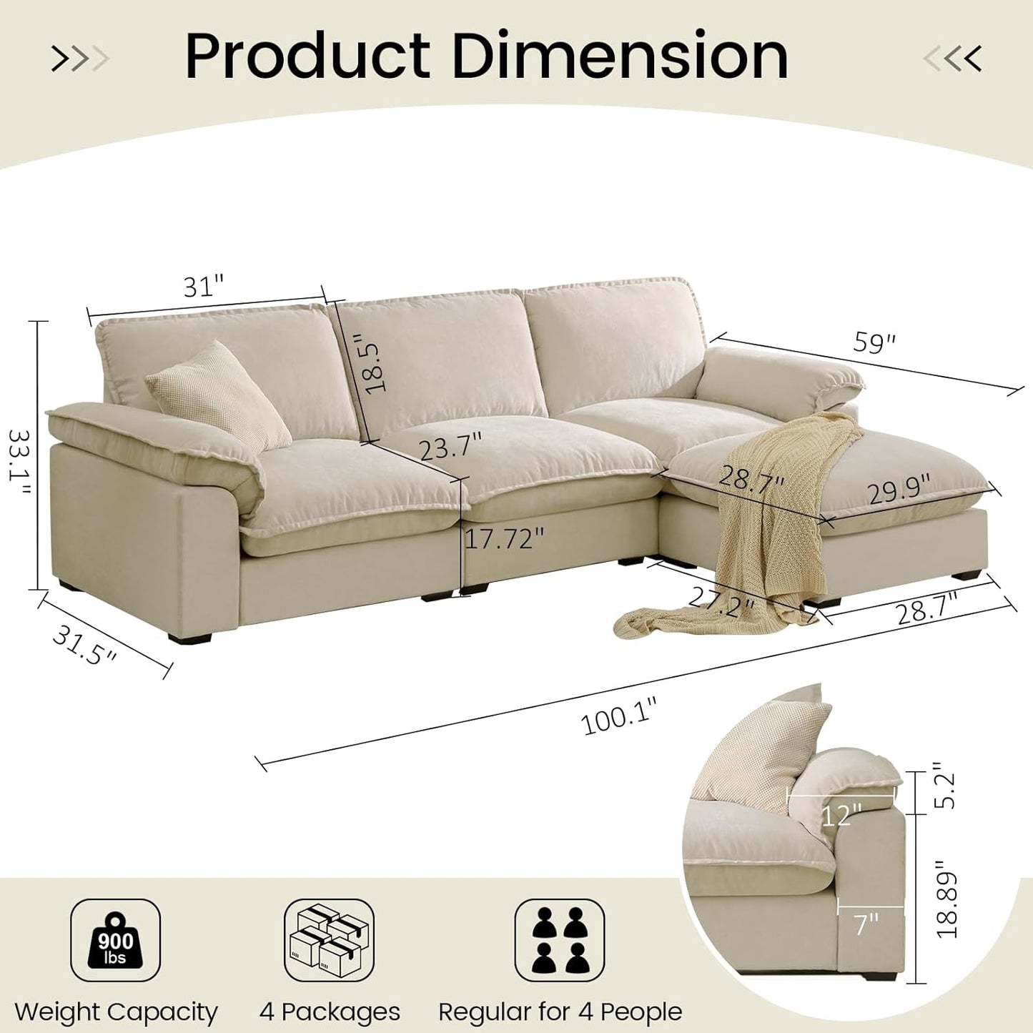 Modular Sectional Sofa Deep Seat Cloud Couch with Reversible Chaise L Shaped Couch with Padded Armrests Chenille Sectional Couches for Living Room Apartment Office Beige