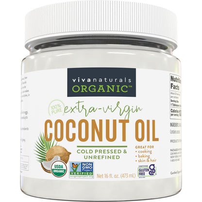 Viva Naturals Organic Coconut Oil - Unrefined, Cold-Pressed Extra Virgin Coconut Oil, USDA Organic and Non-GMO Cooking Oil, Great as Hair Oil and Skin Oil, 16 fl oz