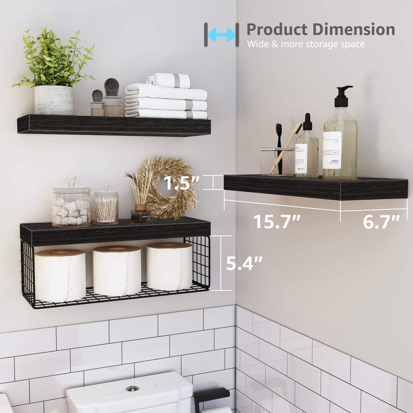 QEEIG Bathroom Shelves Over Toilet Wall Mounted Floating Shelves Farmhouse Shelf Toilet Paper Storage Small 16 inch Set of 3, Rustic Brown (019-BN3)