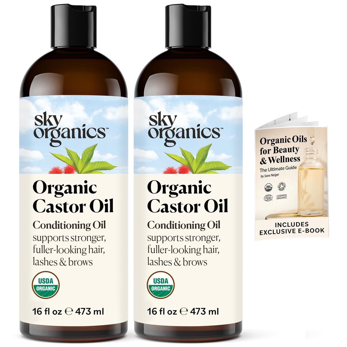 Sky Organics Castor Oil (2x16oz) USDA Organic Cold-Pressed Unrefined100% Pure Hexane-Free Castor Oil Conditioning & Healing For Dry Skin, Hair Growth for Eyelashes & Eyebrows with Exclusive Ebook