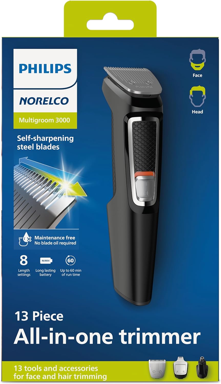 Philips Norelco Multi Groomer All-in-One Trimmer Series 3000-13 Piece Mens Grooming Kit for Beard, Face, Nose, Ear Hair Trimmer and Hair Clipper - NO Blade Oil Needed, MG3740/40