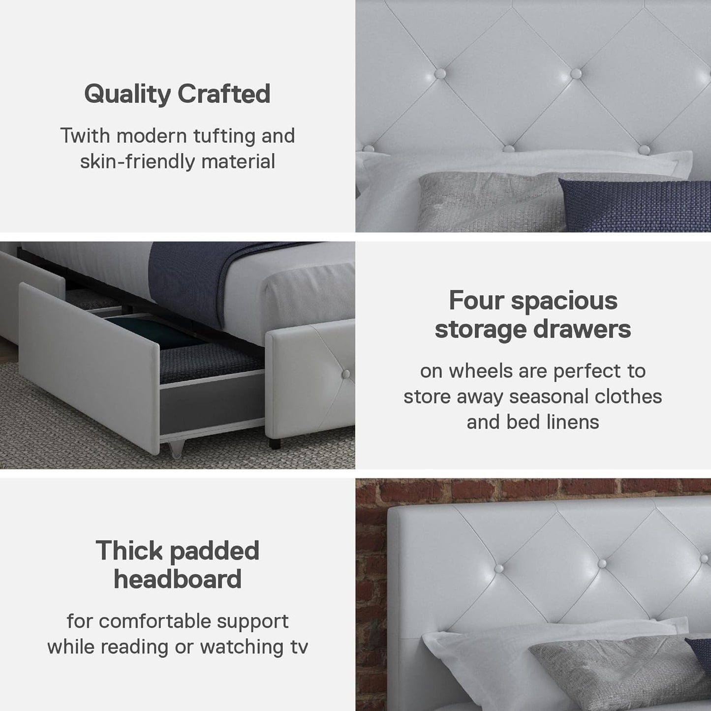 DHP Dakota Upholstered Platform Bed with Underbed Storage Drawers and Diamond Button Tufted Headboard and Footboard, No Box Spring Needed, Full, White Faux Leather