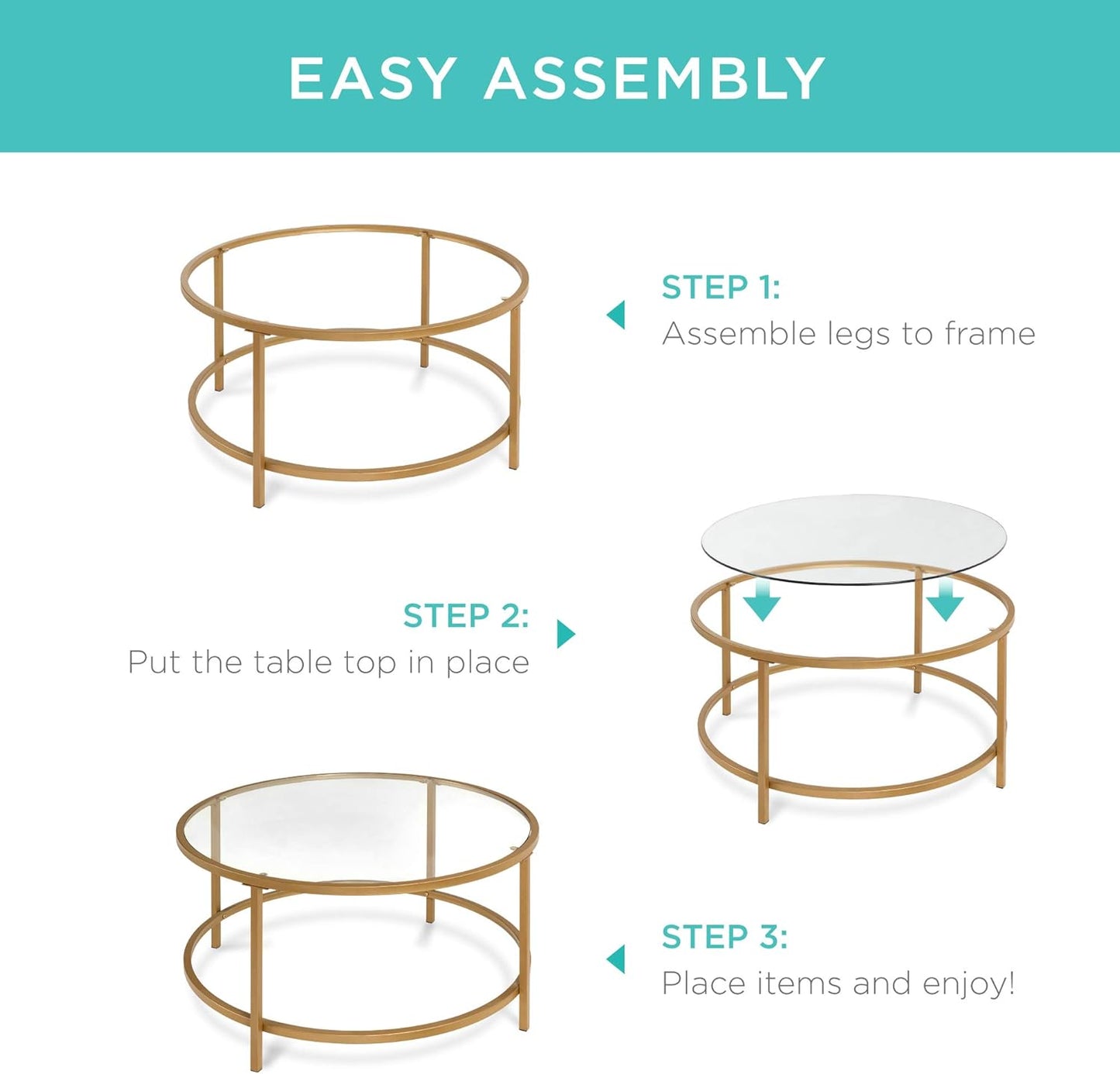 Best Choice Products 36in Modern Round Tempered Glass Accent Side Coffee Table for Living Room, Dining Room, Tea, Home Décor w/Satin Trim, Metal Frame, Non-Marring Foot Caps - Bronze Gold