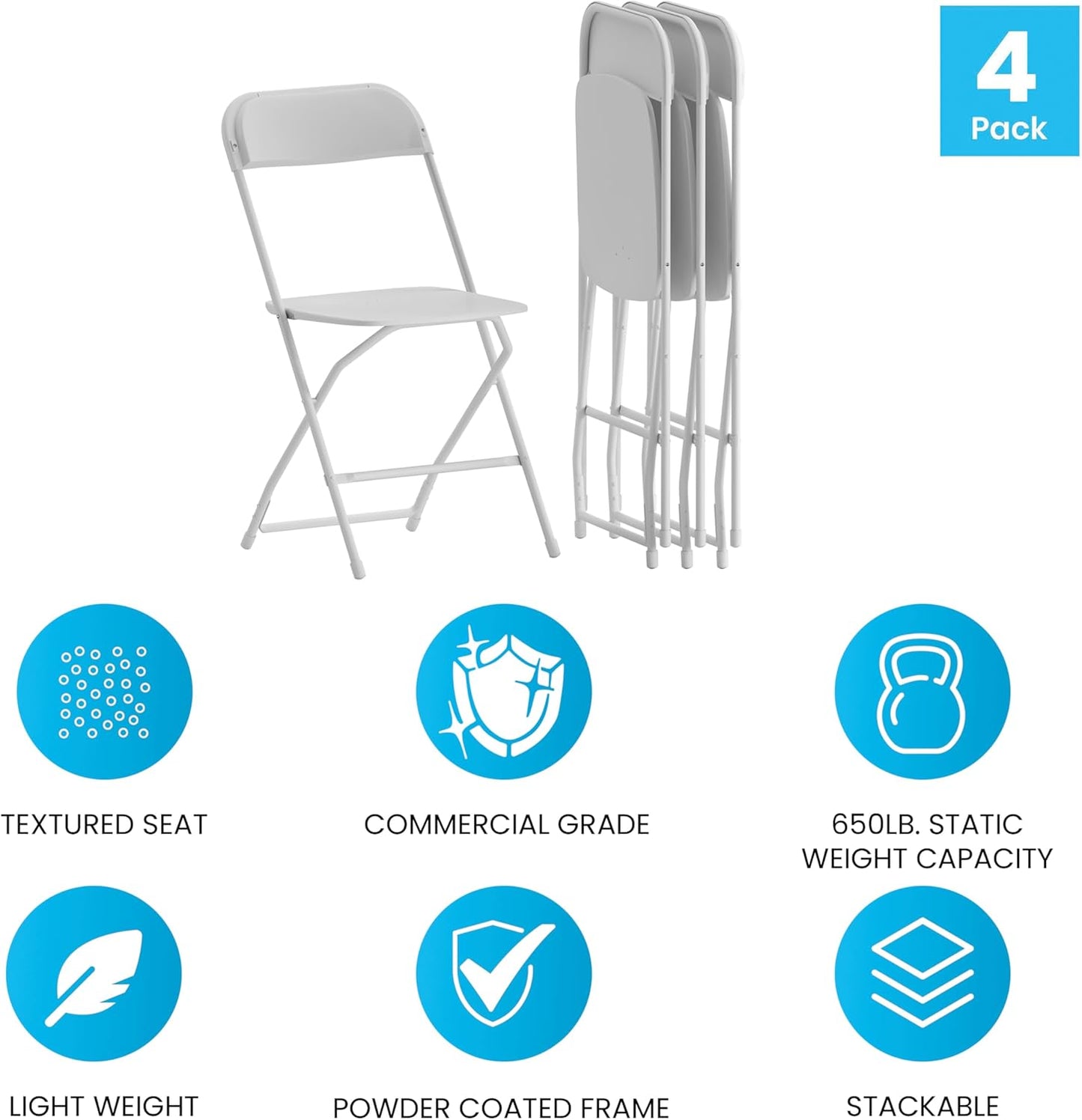 Flash Furniture Hercules Series Plastic Folding Chair - White - 4 Pack 650LB Weight Capacity Comfortable Event Chair-Lightweight Folding Chair