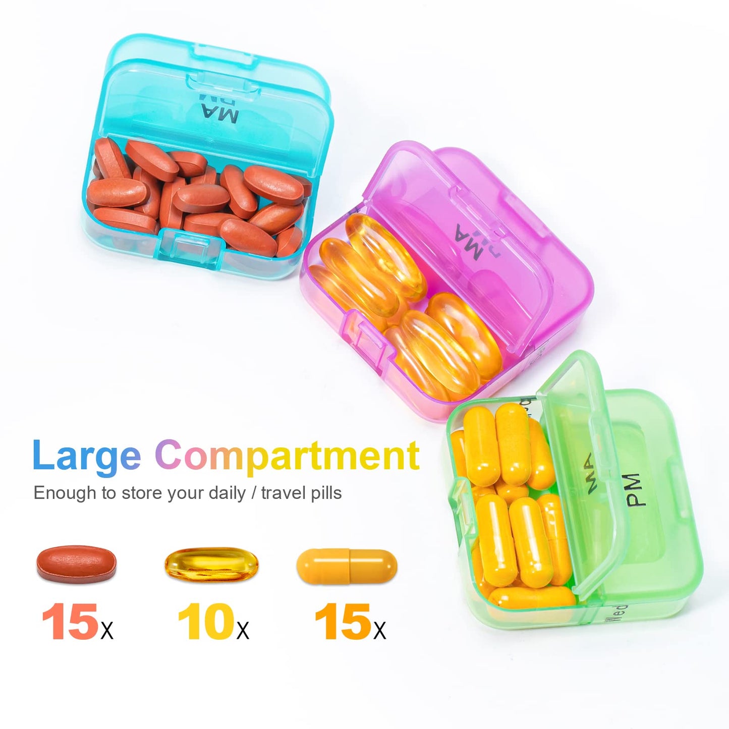 Zoksi Weekly Pill Organizer 2 Times a Day, Rainbow 7 Day Pill Box, Daily Am Pm Pill Organizer, Portable Case for Fish Oils, Vitamin, Supplement