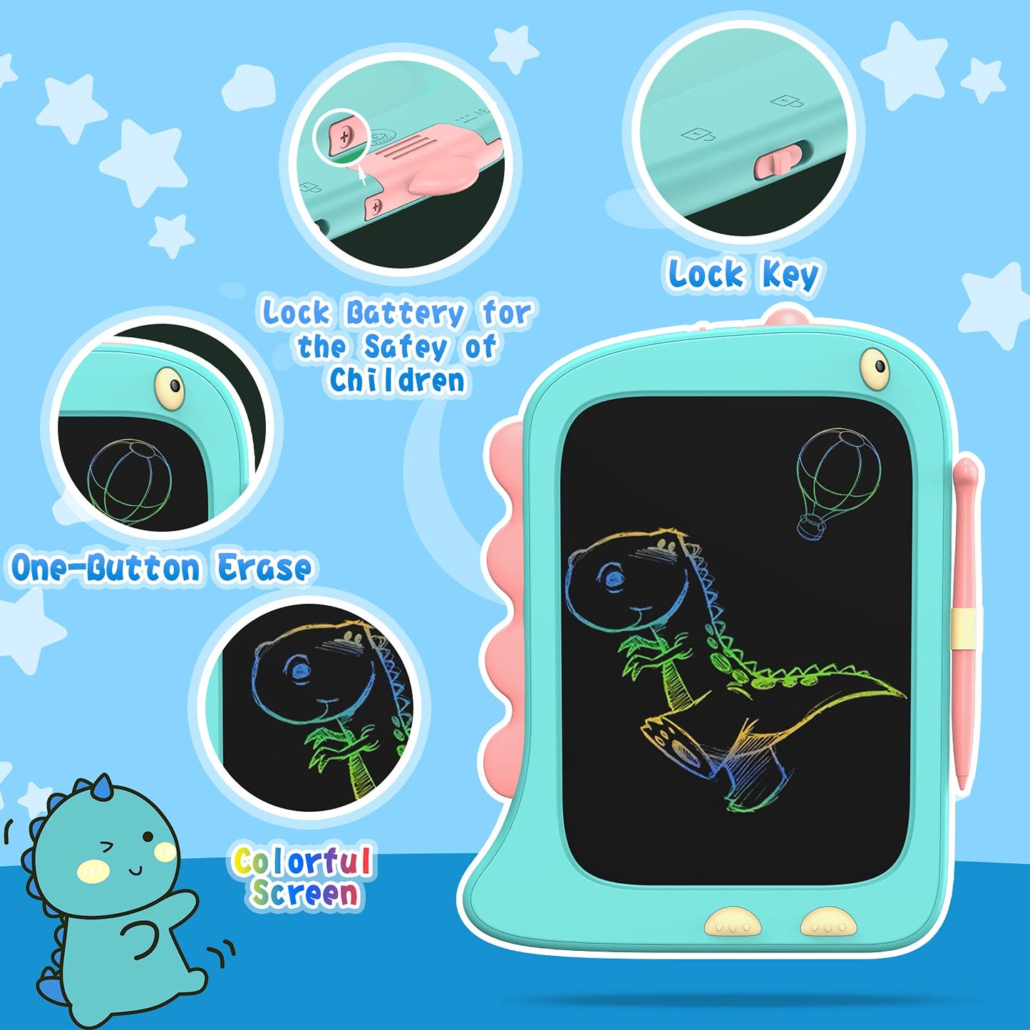 ORSEN 8.5 Inch LCD Doodle Board Tablet Toy - Green Dinosaur Drawing Pad for Kids 2-6 Years Old - Christmas and Birthday Gifts