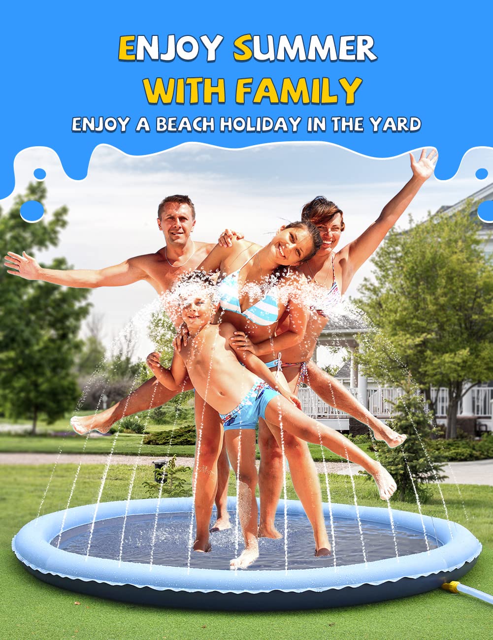 VISTOP Non-Slip Splash Pad for Kids and Dog, Thicken Sprinkler Pool Summer Outdoor Water Toys - Fun Backyard Fountain Play Mat for Baby Girls Boys Children or Pet Dog (59 inch, Blue&Blue)