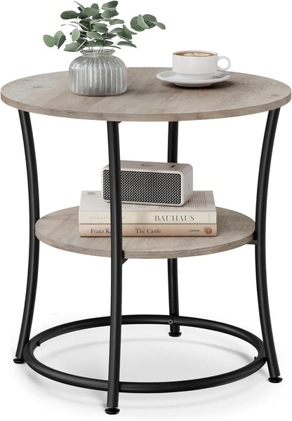 VASAGLE Side Table, Round End Table with 2 Storage Shelves for Living Room, Bedroom, Nightstand with Steel Frame for Small Spaces, Accent Coffee Table, Greige and Ink Black