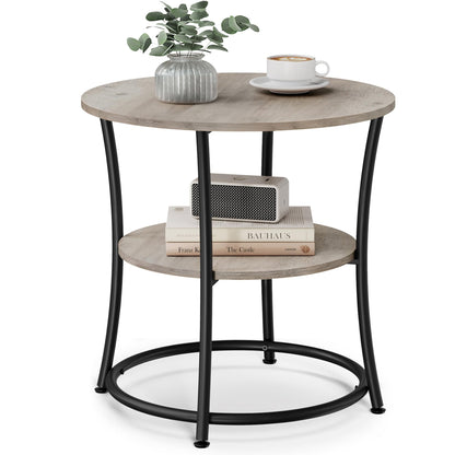 VASAGLE Side Table, Round End Table with 2 Storage Shelves for Living Room, Bedroom, Nightstand with Steel Frame for Small Spaces, Accent Coffee Table, Greige and Ink Black