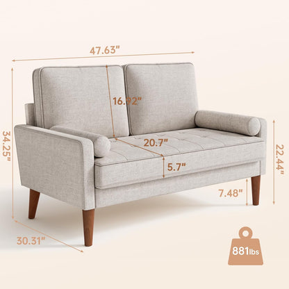 Vesgantti Loveseat Sofa, 48" Small Sofa Couch Mid Century Modern Couch for Small Spaces, Bedroom and Living Room, Removable Sofa Cover Spring Cushions and Solid Wood Frame, Easy to Install, Ashbeige