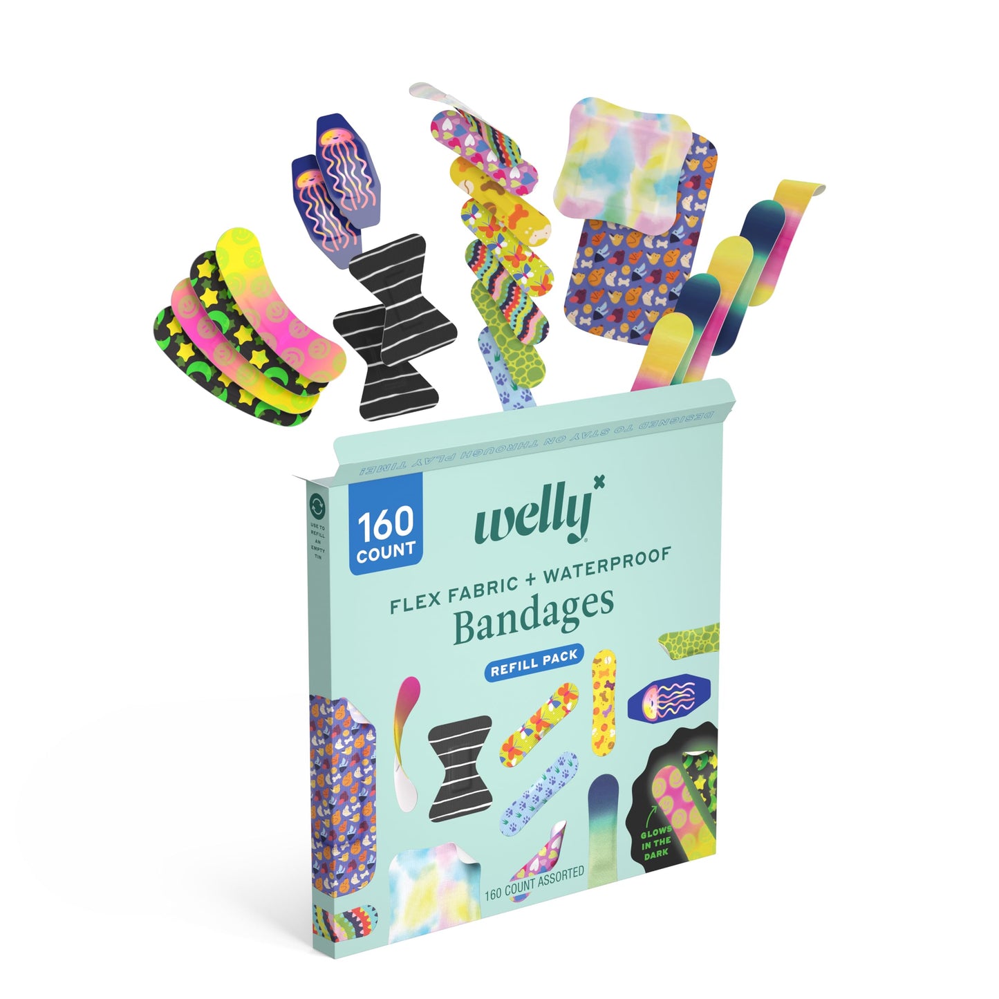 Welly Bandage Family Pack | Adhesive Flexible Fabric & Waterproof Bandages | Assorted Shapes and Patterns for Minor Cuts, Scrapes, and Wounds - 80 Count