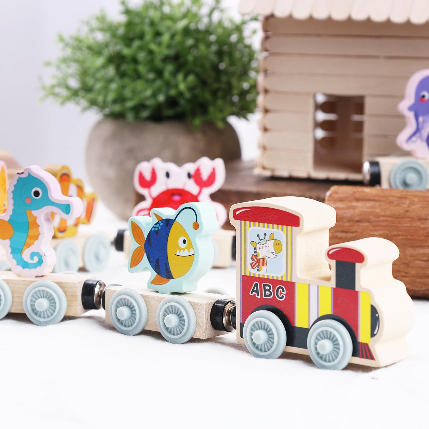 AMOR PRESENT 11PCS Magnetic Wooden Sea Animal Train Set, Montessori Toys for Toddlers Ocean Animal Toys for Preschool Learning Activities Birthday Gifts for Kids