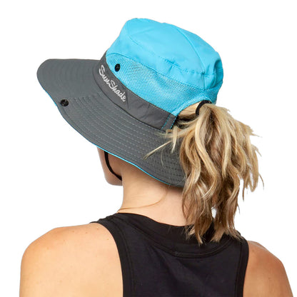 Women's Outdoor UV-Protection-Foldable Sun-Hats Mesh Wide-Brim Beach Fishing Hat with Ponytail-Hole