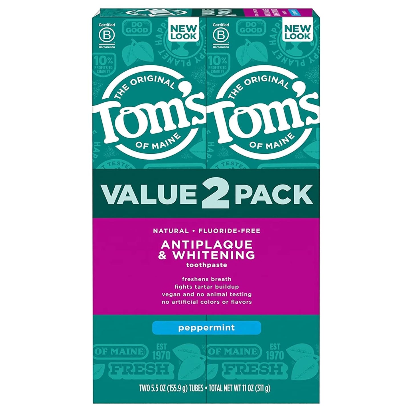 Tom's of Maine Fluoride-Free Antiplaque & Whitening Natural Toothpaste, Peppermint, 5.5 oz. (Pack of 2)