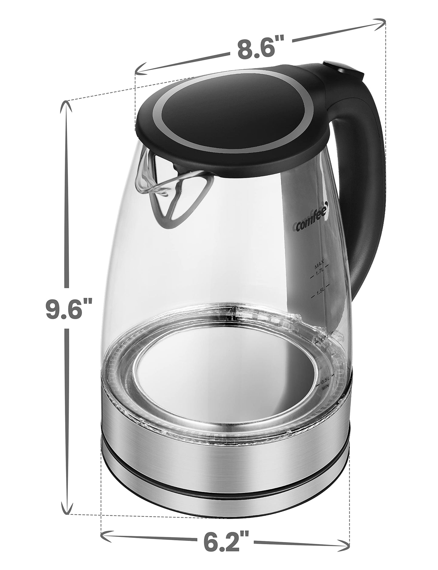 COMFEE' Stainless Steel Electric Kettle, 1.7 Liter Tea Kettle Electric & Hot Water Kettle, 1500W Fast Boil with LED Light, Auto Shut-Off and Boil-Dry Protection