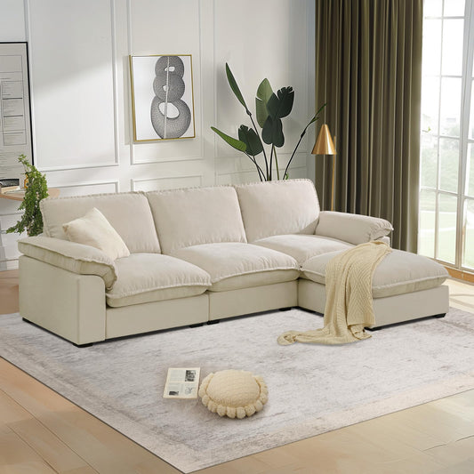 Modular Sectional Sofa Deep Seat Cloud Couch with Reversible Chaise L Shaped Couch with Padded Armrests Chenille Sectional Couches for Living Room Apartment Office Beige