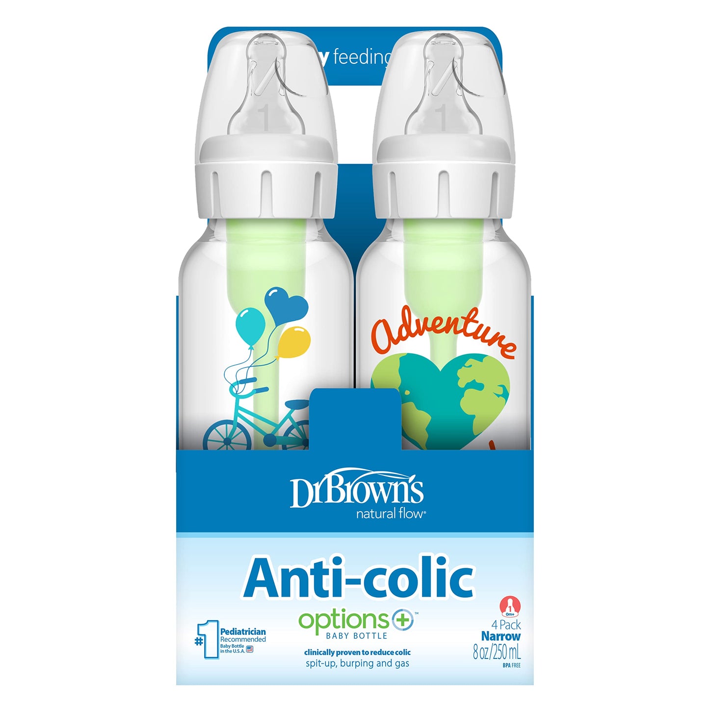 Dr. Brown's Natural Flow Anti-Colic Options+ Narrow Baby Bottle, 8 oz/250 mL, with Level 1 Slow Flow Nipple, 0m+, 4 count