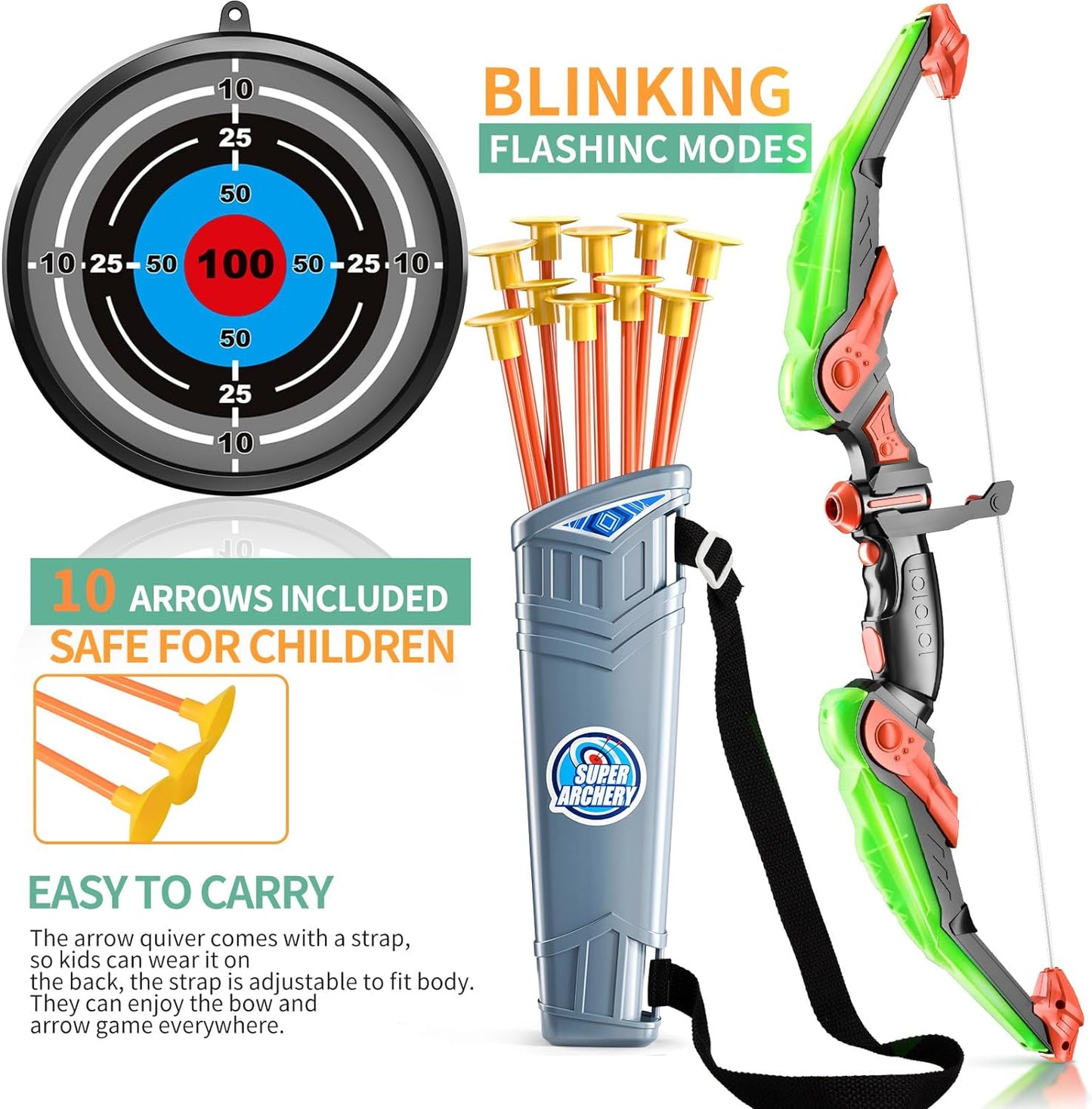 TEMI Kids Bow and Arrow Set - LED Light Up Archery Toy Set with 10 Suction Cup Arrows, Target & Quiver, Indoor and Outdoor Toys for Children Boys Girls