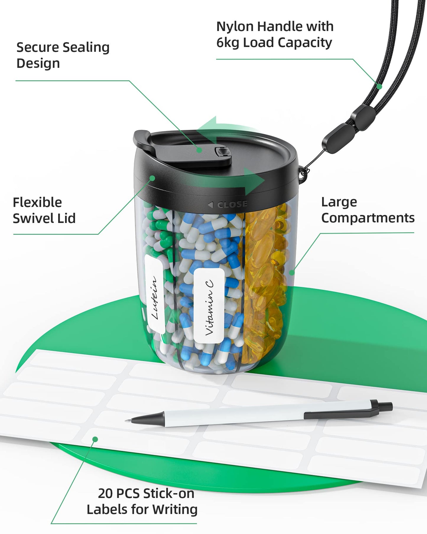 PULIV Large Supplement Organizer Bottle, Holds Plenty of Vitamins in 1 Monthly Pill Dispenser with Anti-Mixing & Wide Openings Design, Easy to Retrieve Meds, Includes 20 Pcs Stick-on Labels