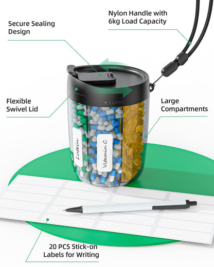 PULIV Large Supplement Organizer Bottle, Holds Plenty of Vitamins in 1 Monthly Pill Dispenser with Anti-Mixing & Wide Openings Design, Easy to Retrieve Meds, Includes 20 Pcs Stick-on Labels