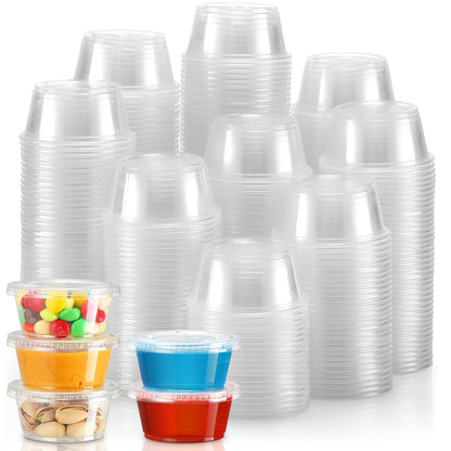 [130 Sets - 2 Oz ] Jello Shot Cups, Small Plastic Containers with Lids, Airtight and Stackable Portion Cups, Salad Dressing / Dipping Sauce Cups, Condiment Cups for Lunch, Party to Go, Trips