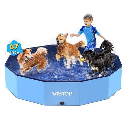 VISTOP Medium Foldable Dog Pool, Hard Plastic Shell Portable Swimming Pool for Dogs Cats and Kids Pet Puppy Bathing Tub Collapsible Kiddie Pool (37 inch.D x 7.8inch.H, Blue)