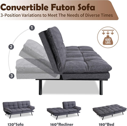 Futon Sofa Bed, Grey Linen Memory Foam Futon Sleeper Sofa Loveseat Convertible Couch Bed for Small Compact Living Spaces,Apartment