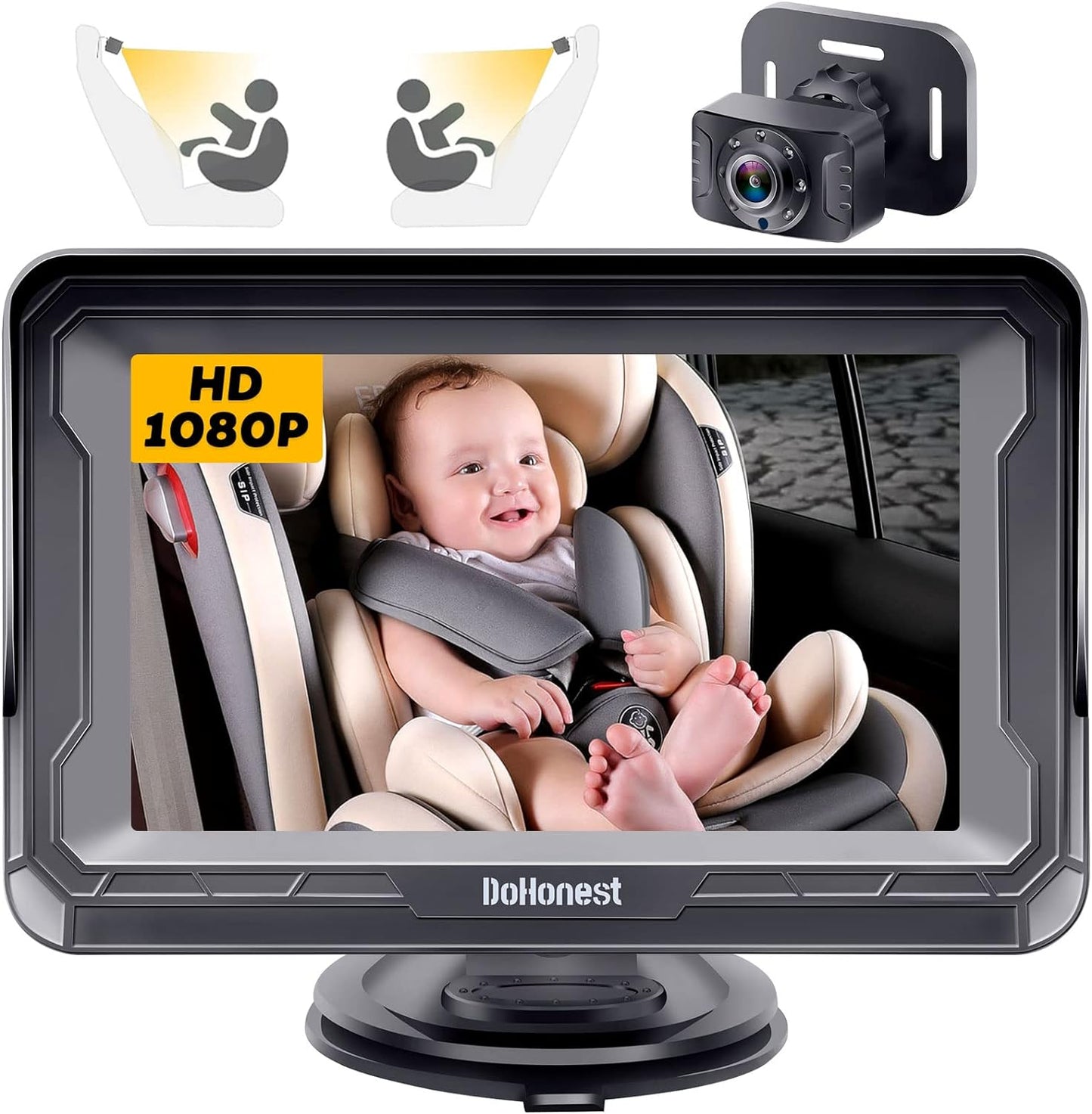 DoHonest Baby Car Camera for Backseat: HD 1080P Easy Setup Carseat Camera Rear Facing Infant - Crystal Night Vision 360° Rotating Baby Car Monitor for Kids - V33