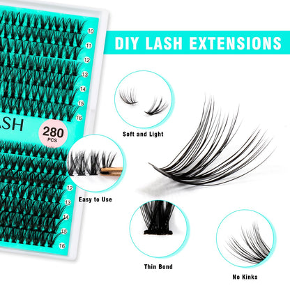 VAVALASH DIY Lash Extension Kit 280 Clusters Individual Lashes Kit 30D 40D 0.07D-10-16mm Lash Clusters, Lash Bond and Seal, Lash Tweezer for DIY Eyelash Extension at Home（Kit-30D+40D-0.07D-10-16MIX）