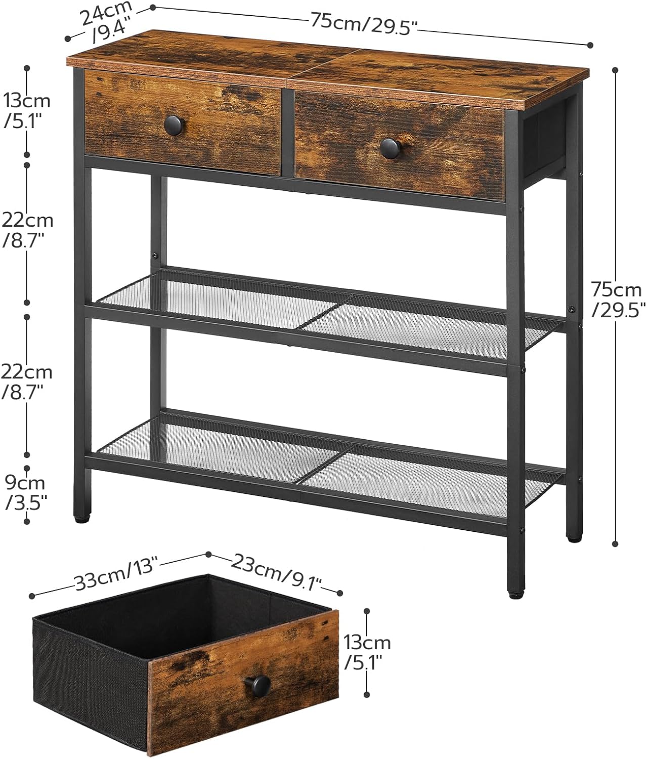 HOOBRO 29.5" Narrow Console Table with 2 Fabric Drawers, Small Entryway Table with 3-Tier Storage Shelves, Thin Sofa Table, Side Table, for Living Room, Hallway, Rustic Brown and Black BF72XG01