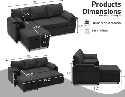 DURASPACE Sofa Bed Sleeper Pull Out 2 in 1 Sectional Sleeper Sofa Couches with Storage,USB, Cup Holder,Pullout Sectional Couches for Apartment Living Room (Dark Gray)