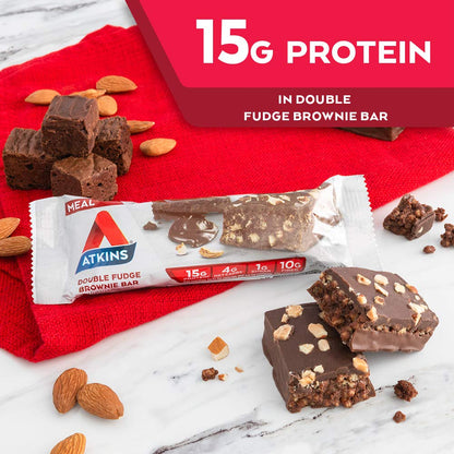 Atkins Double Fudge Brownie Protein Meal Bar, High Fiber, 15g Protein, 1g Sugar, 4g Net Carb, Meal Replacement, Keto Friendly