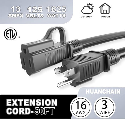 HUANCHAIN Indoor Outdoor Black Extension Cord 25 ft Waterproof, 16/3 Gauge Flexible Cold-Resistant Appliance Cord Outside, 13A 1625W 16AWG SJTW, 3 Prong Heavy Duty Electric Cord, ETL