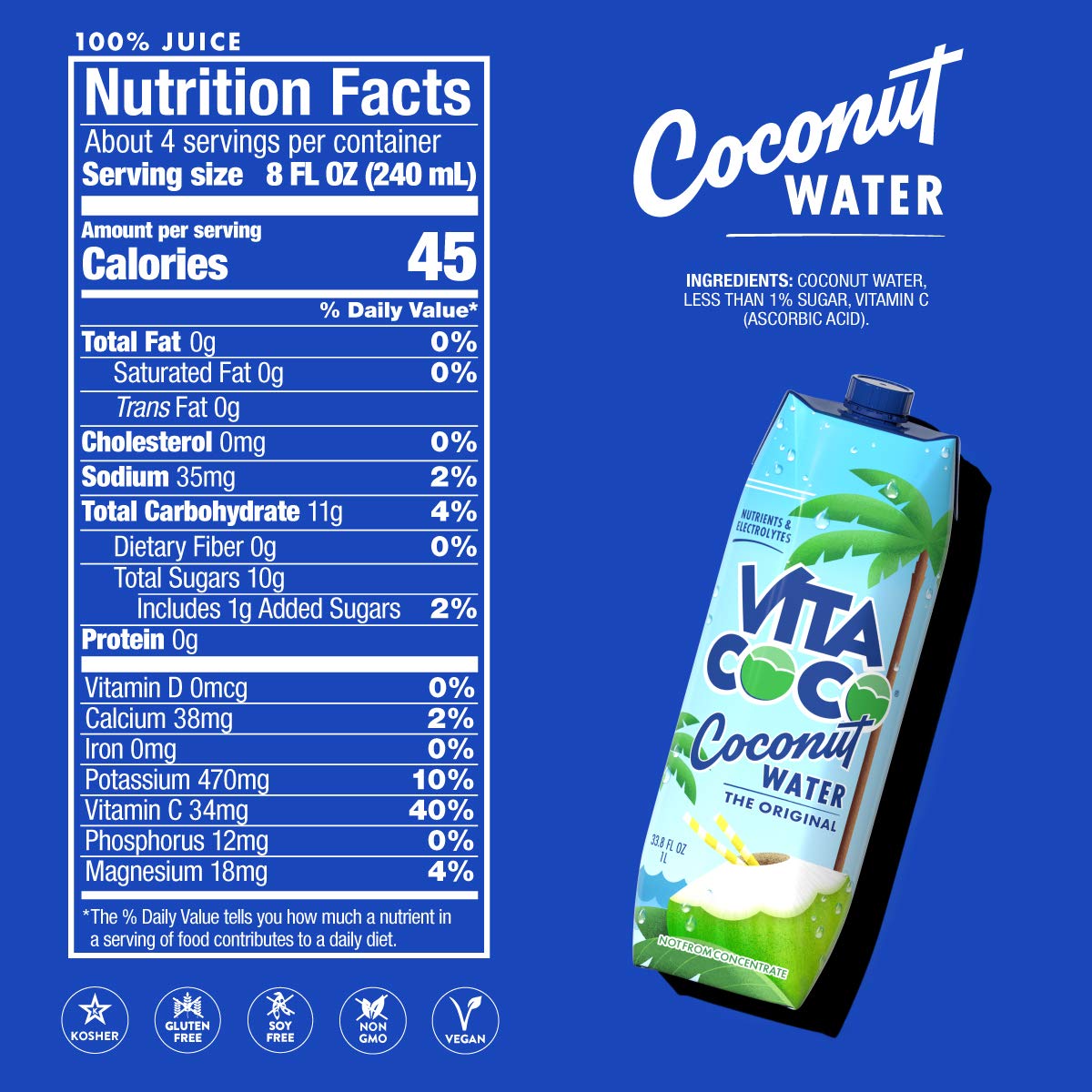 Vita Coco Coconut Water Original, 33.8 Fl Oz (Pack of 6)