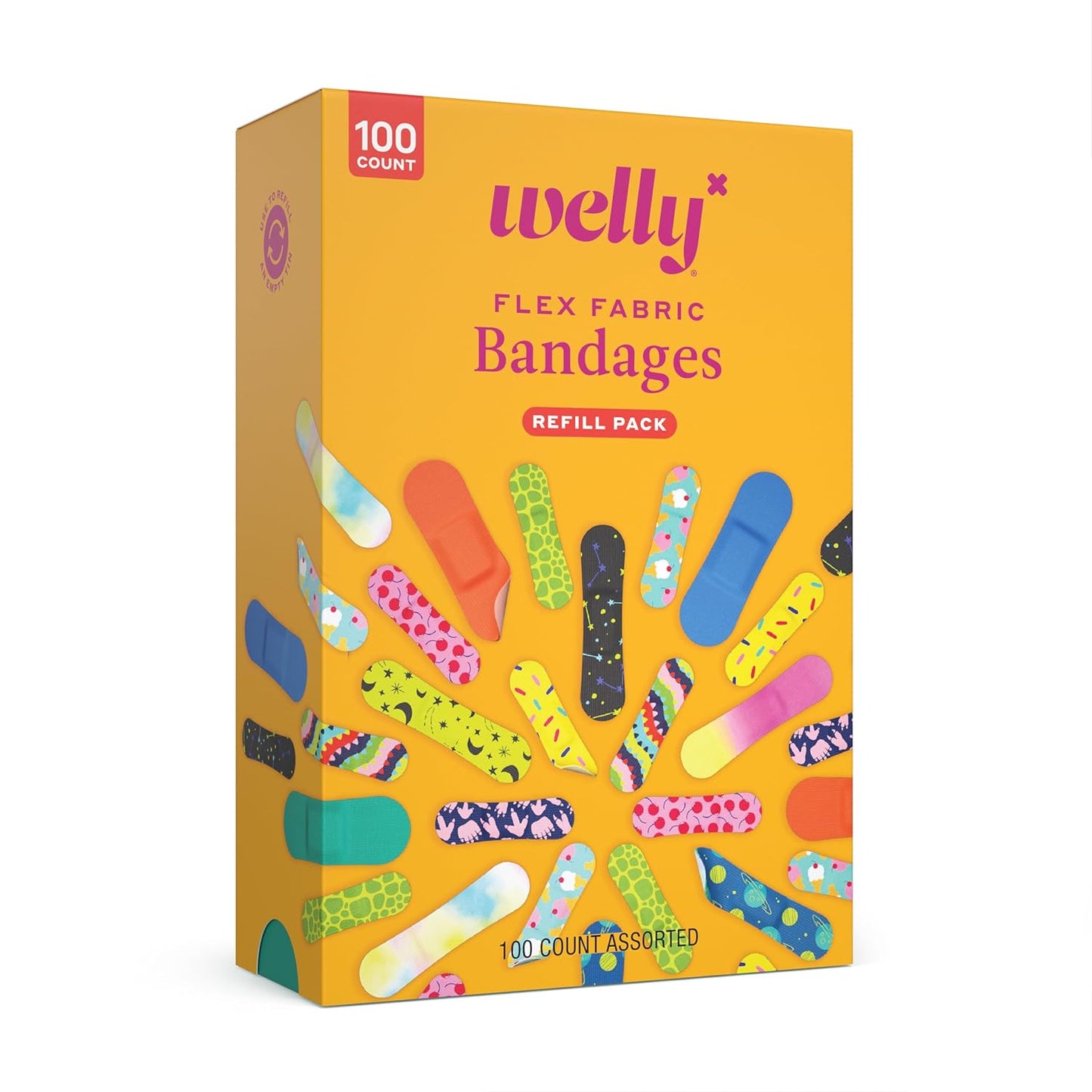 Welly Bravery Badge Value Pack | Adhesive Flexible Fabric Bandages | Assorted Shapes and Patterns for Minor Cuts, Scrapes, and Wounds - 100 Count