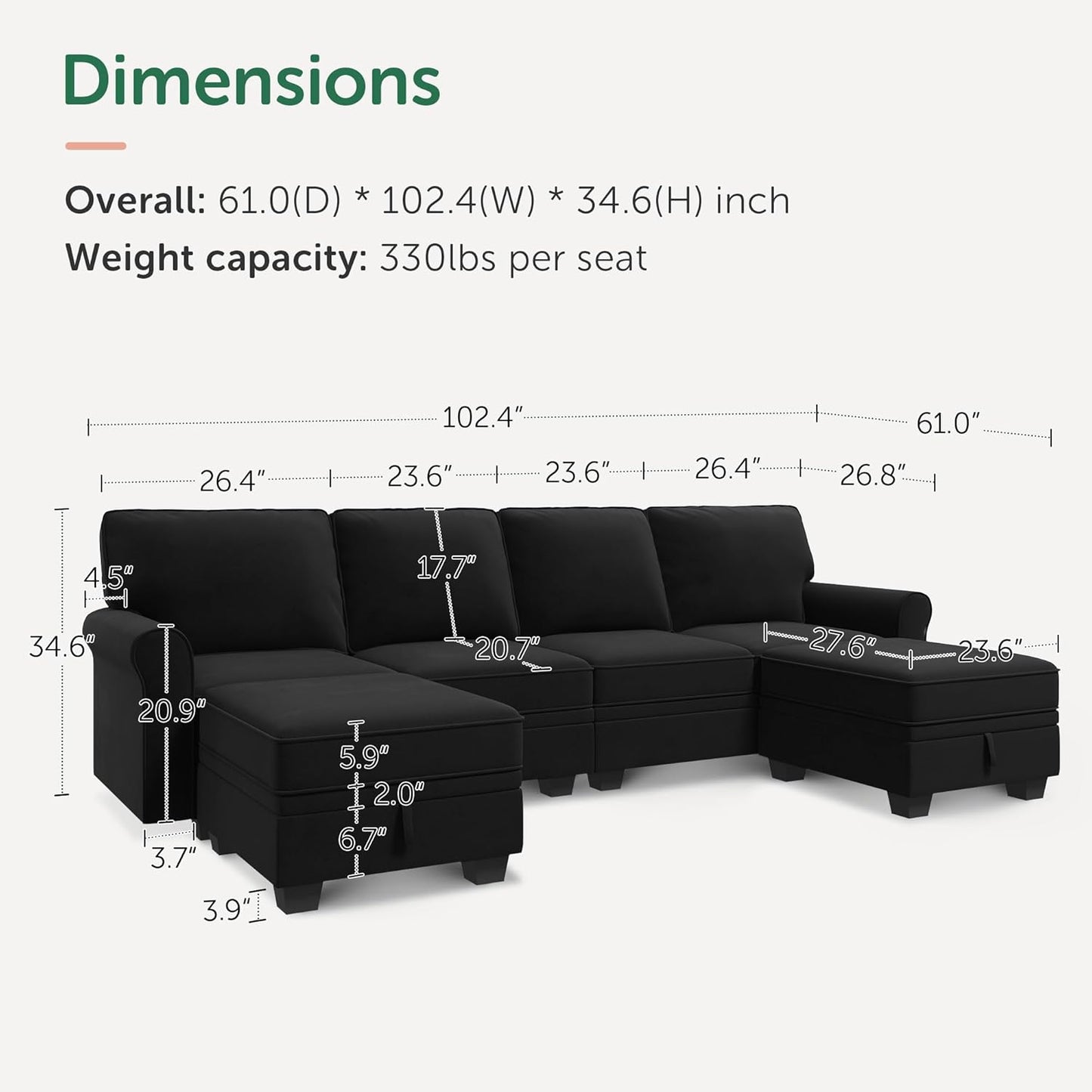 HONBAY Sectional Sofa with Storage Seat Velvet U Shaped Sectional Couch with Reversible Chaise Convertible Sectional Couches for Living Room,Black Velvet