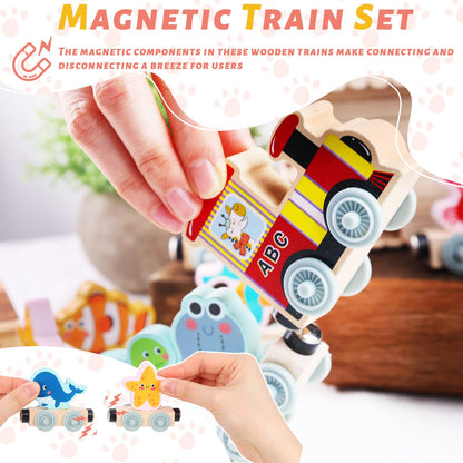 AMOR PRESENT 11PCS Magnetic Wooden Sea Animal Train Set, Montessori Toys for Toddlers Ocean Animal Toys for Preschool Learning Activities Birthday Gifts for Kids