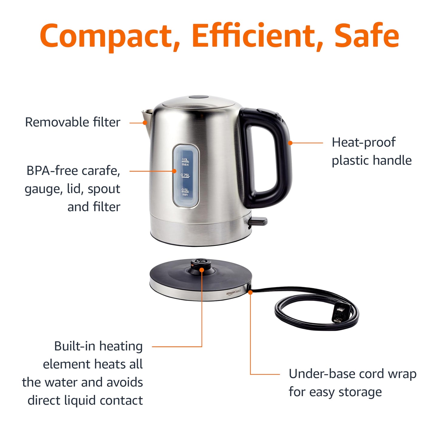 Amazon Basics Electric Kettle, Stainless Steel, Portable Fast-Boiling, Tea Kettle for Boiling Water, for Tea and Coffee, Auto Shut-Off and Boil Dry Protection, 1 Liter, Black and Silver