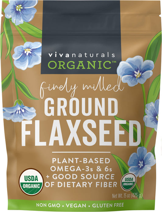 Viva Naturals Organic Ground Flaxseed - Premium Quality Plant-Based Protein and Vegan Omega 3 with Fiber, Perfect for Smoothies, Finely Milled Flaxseed 15 oz (425 g)