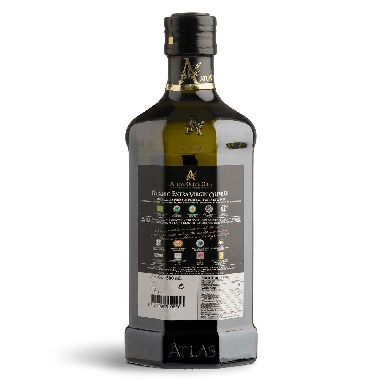 Atlas 750 mL Organic Cold Press Extra Virgin Olive Oil with Polyphenol Rich from Morocco | Newly Harvested Unprocessed from One Single Family Farm | Moroccan EVOO Trusted by Michelin Star Chefs