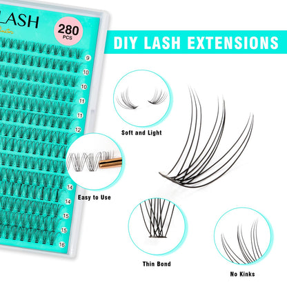 VAVALASH DIY Lash Extension Kit 280 Clusters Individual Lashes Kit 30D 40D 0.07D-10-16mm Lash Clusters, Lash Bond and Seal, Lash Tweezer for DIY Eyelash Extension at Home（Kit-30D+40D-0.07D-10-16MIX）